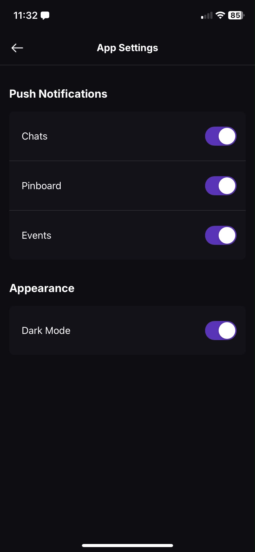 The App Settings screen