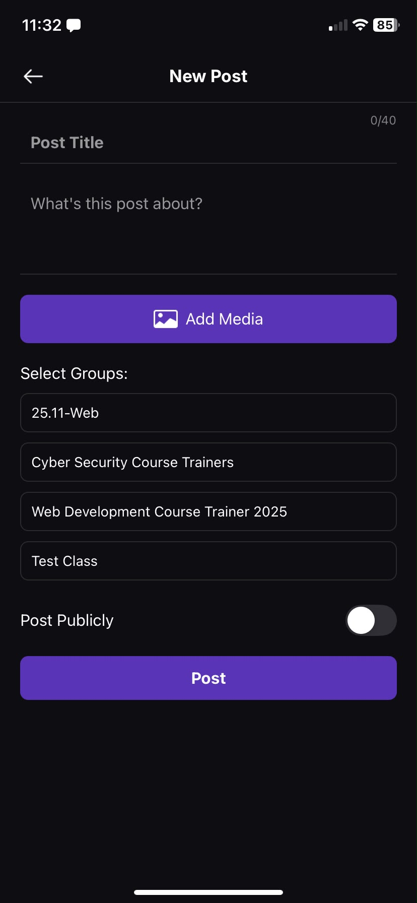 The New Post screen