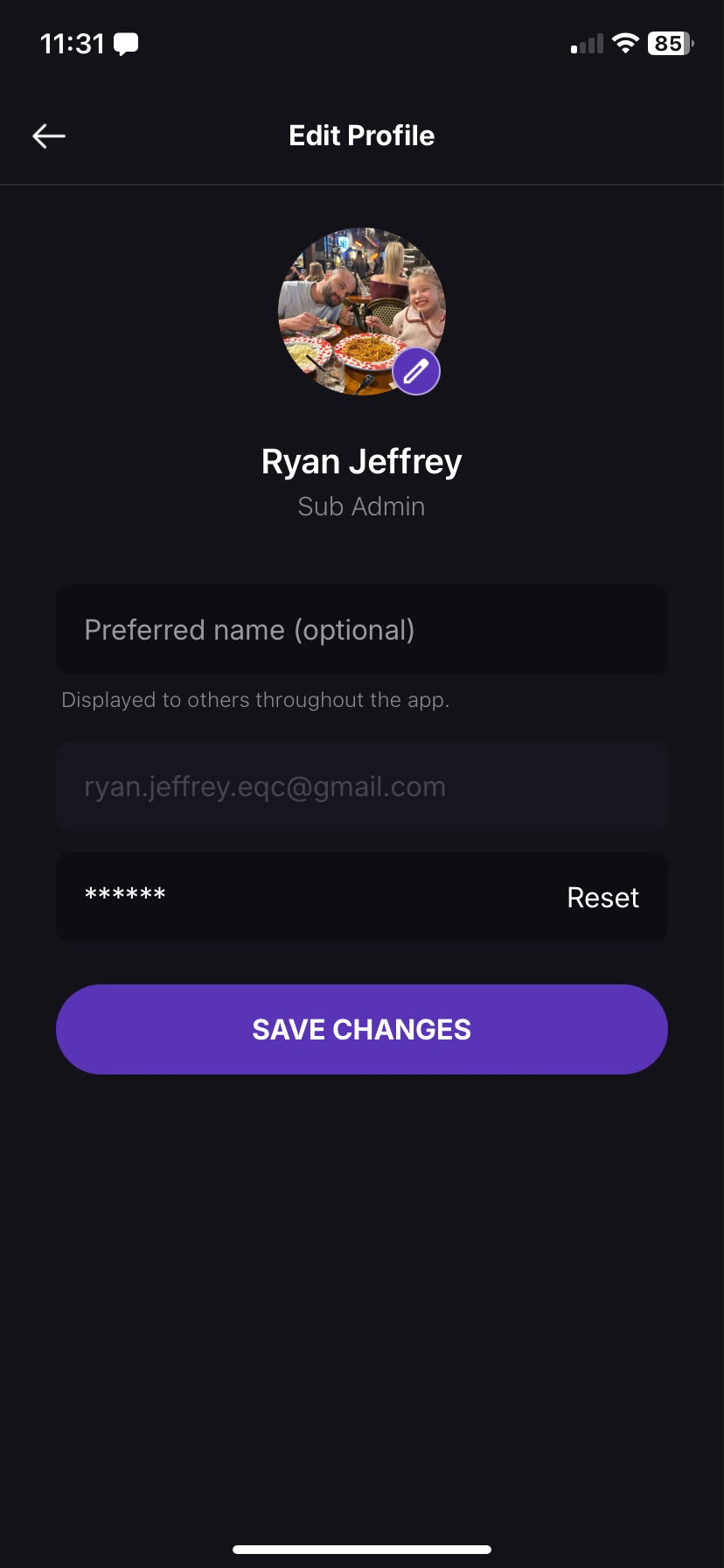 The Edit Profile screen