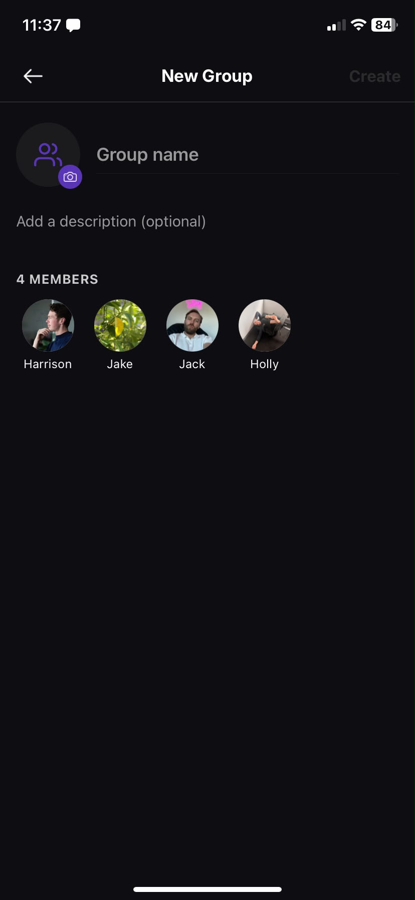 The New Group setup screen