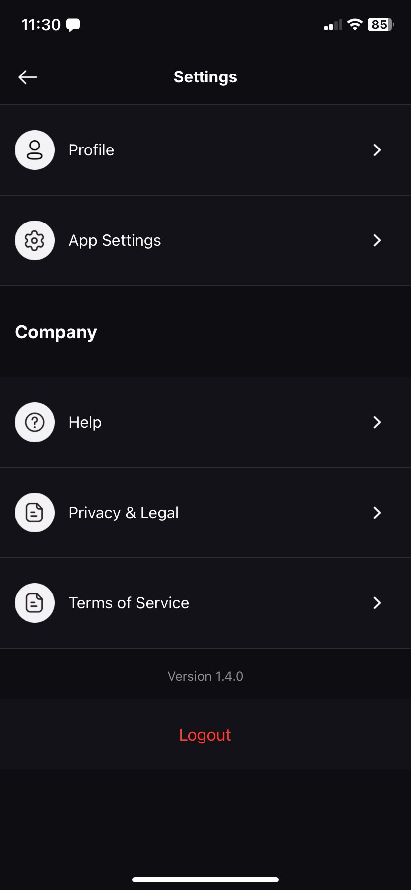 The Settings screen